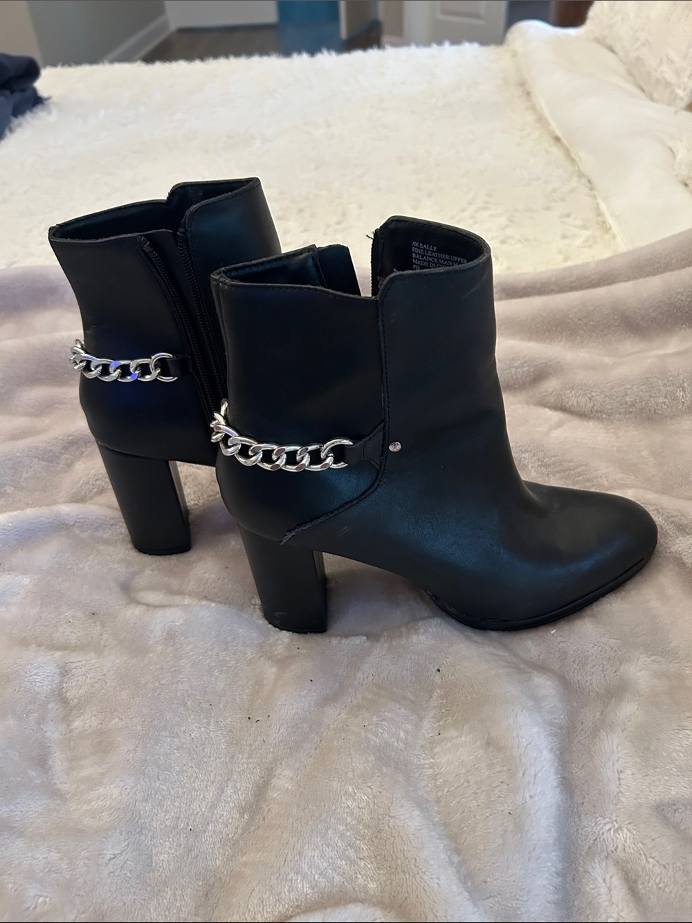 Adrienne Vittadini Black Ankle Boots with Silver Chain
